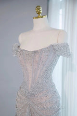 Pretty Mermaid Off The Shoulder Silver Sequin Evening Dress Evening Prom Dress
