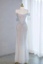 Pretty Mermaid Off The Shoulder Silver Sequin Evening Dress Evening Prom Dress