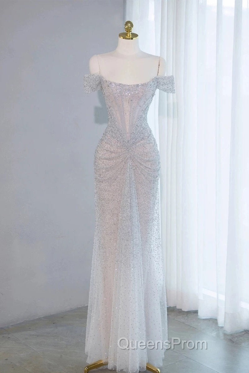 Pretty Mermaid Off The Shoulder Silver Sequin Evening Dress Evening Prom Dress