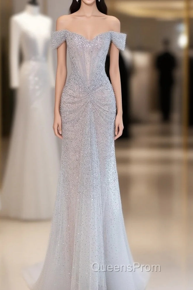 Pretty Mermaid Off The Shoulder Silver Sequin Evening Dress Evening Prom Dress Main image