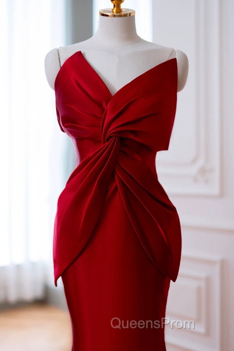 Pretty Mermaid One Shoulder Red Satin Long Evening Dress Evening Prom Dress