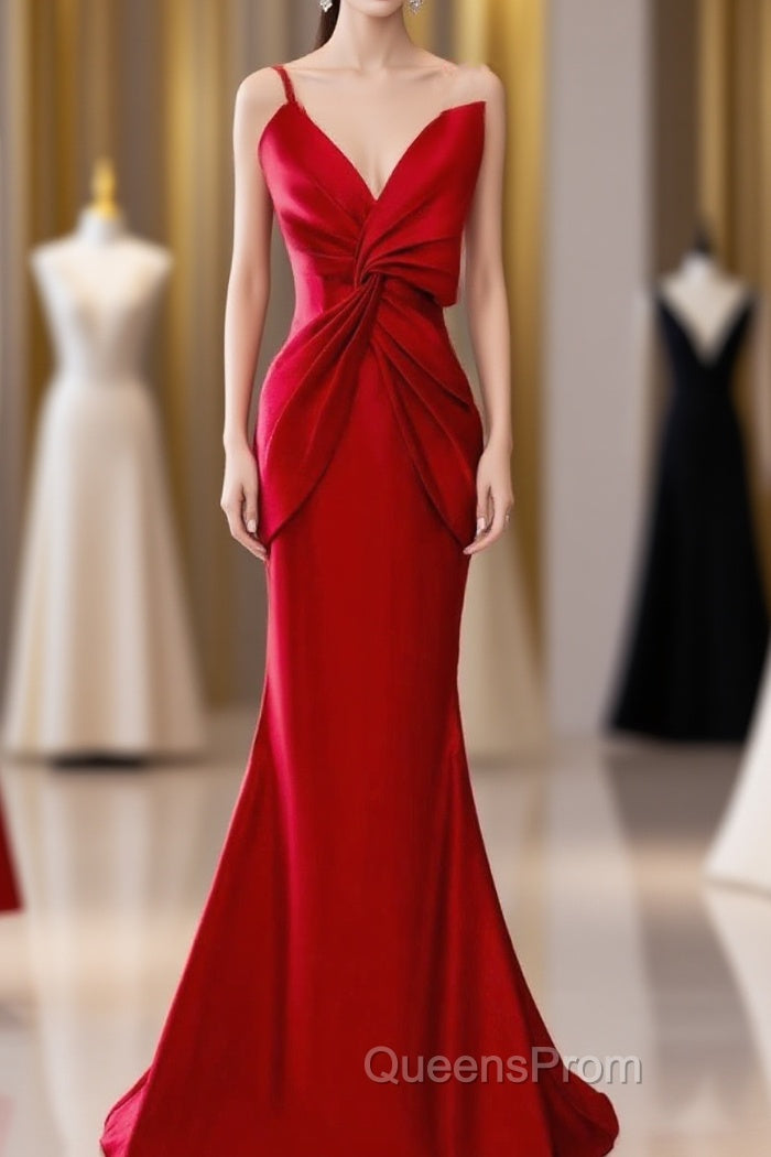 Pretty Mermaid One Shoulder Red Satin Long Evening Dress Evening Prom Dress Main image