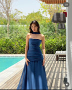 Pretty Mermaid Spaghetti Straps Floor Length Navy Blue Classy Prom Dress Classy Evening Dress Classy Dress With Ribbon