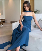 Pretty Mermaid Spaghetti Straps Floor Length Navy Blue Classy Prom Dress Classy Evening Dress Classy Dress With Ribbon