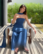 Pretty Mermaid Spaghetti Straps Floor Length Navy Blue Classy Prom Dress Classy Evening Dress Classy Dress With Ribbon