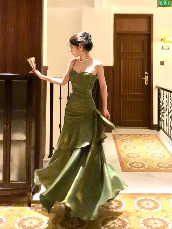 Pretty Mermaid Spaghetti Straps Olive Green Long Classy Prom Dress Classy Evening Gowns