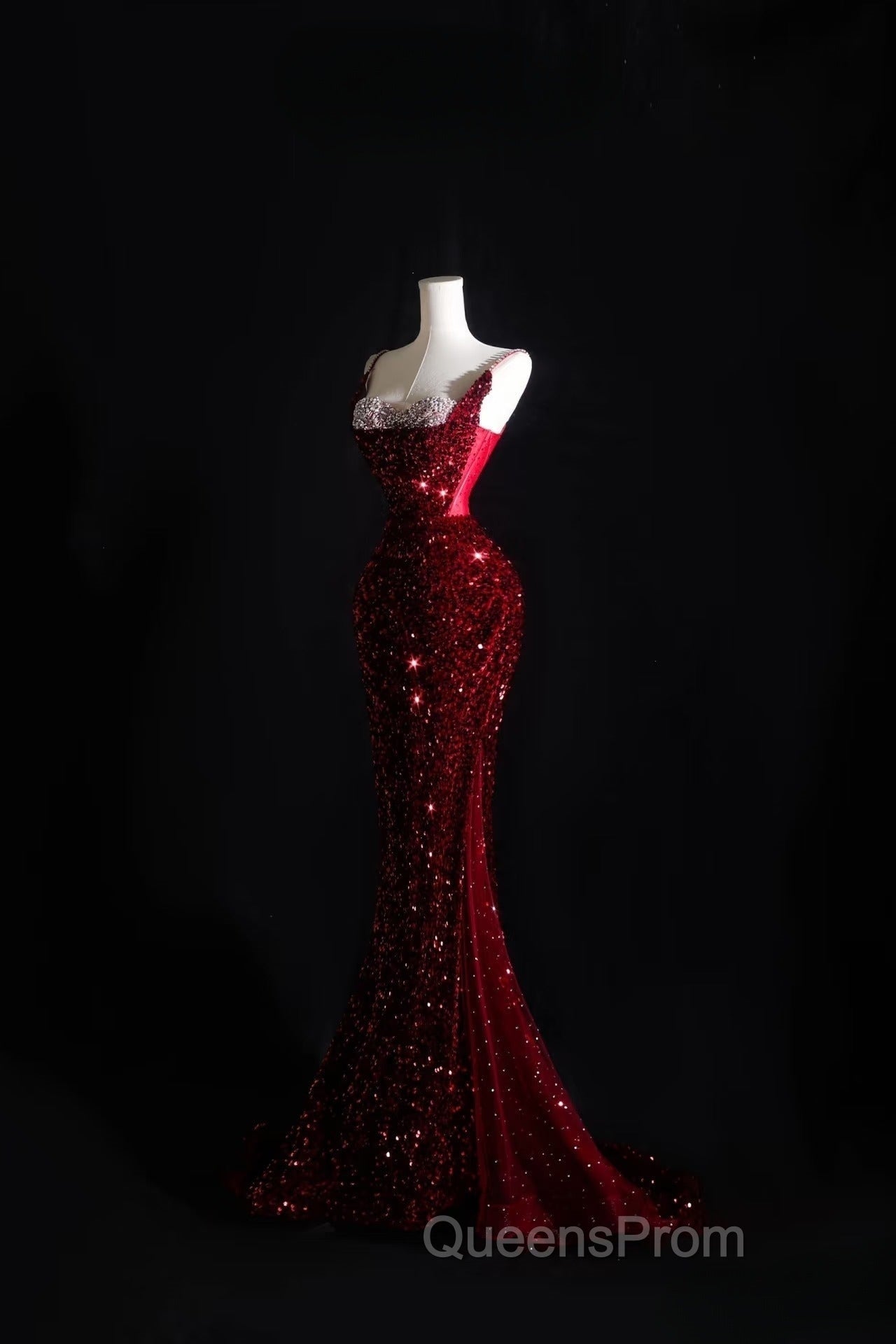 Pretty Mermaid Spaghetti Straps Sequin Beads Burgundy Long Evening Prom Dress Formal Evening Dress Secondary image