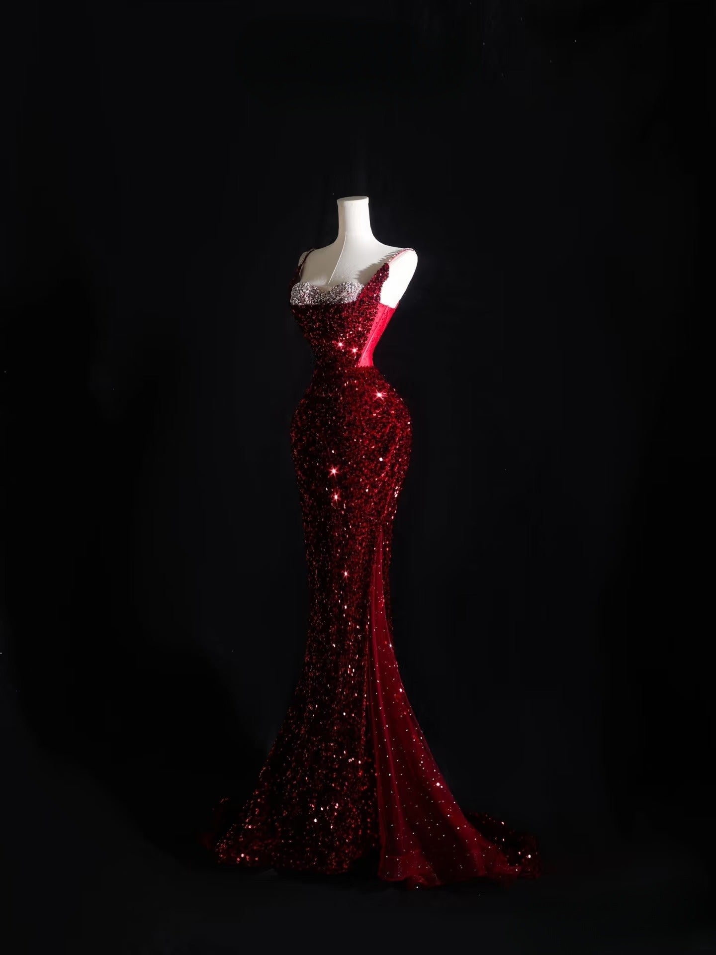 Pretty Mermaid Spaghetti Straps Sequin Beads Burgundy Long Classy Prom Dress Classy Evening Dress