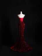 Pretty Mermaid Spaghetti Straps Sequin Beads Burgundy Long Classy Prom Dress Classy Evening Dress