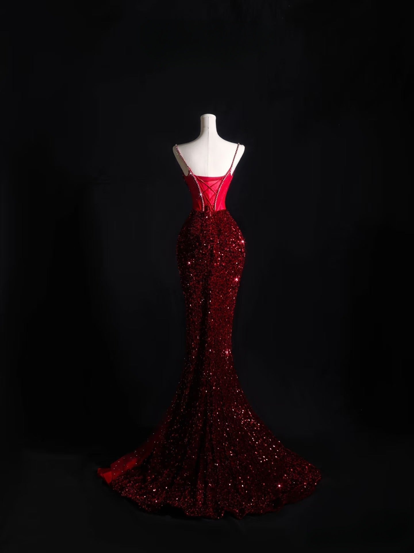 Pretty Mermaid Spaghetti Straps Sequin Beads Burgundy Long Classy Prom Dress Classy Evening Dress
