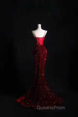 Pretty Mermaid Spaghetti Straps Sequin Beads Burgundy Long Evening Prom Dress Formal Evening Dress