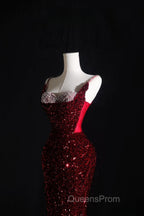 Pretty Mermaid Spaghetti Straps Sequin Beads Burgundy Long Evening Prom Dress Formal Evening Dress