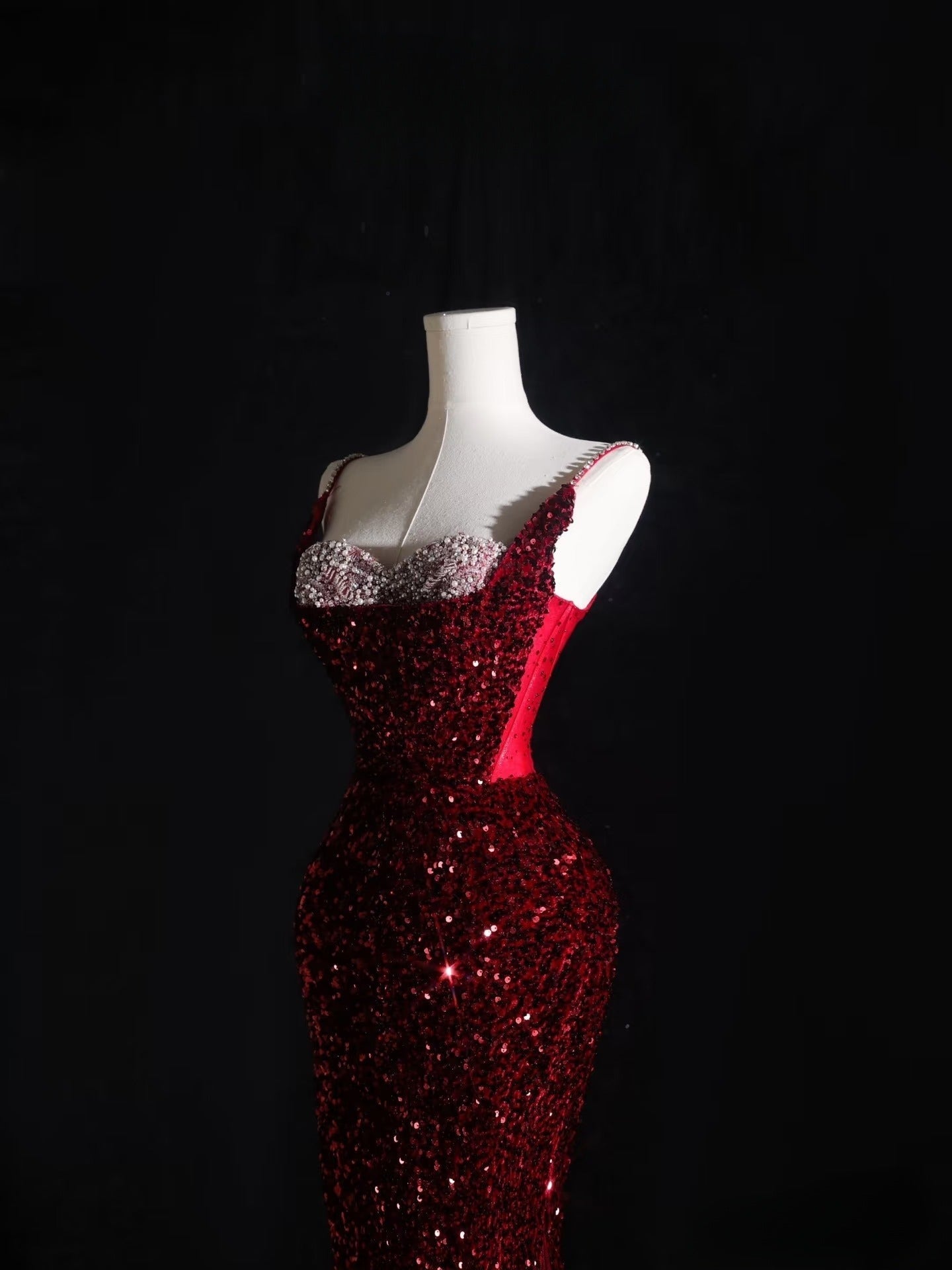 Pretty Mermaid Spaghetti Straps Sequin Beads Burgundy Long Classy Prom Dress Classy Evening Dress