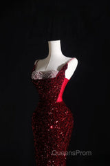 Pretty Mermaid Spaghetti Straps Sequin Beads Burgundy Long Evening Prom Dress Formal Evening Dress