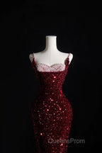 Pretty Mermaid Spaghetti Straps Sequin Beads Burgundy Long Evening Prom Dress Formal Evening Dress