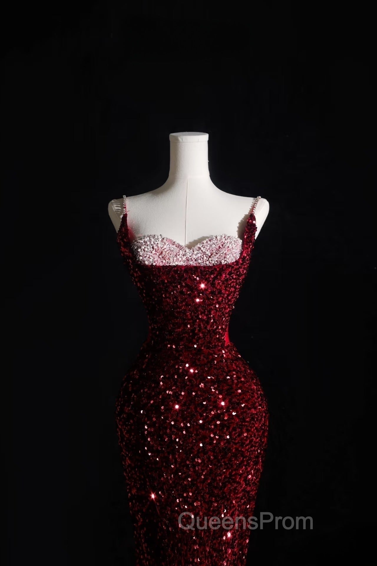 Pretty Mermaid Spaghetti Straps Sequin Beads Burgundy Long Evening Prom Dress Formal Evening Dress