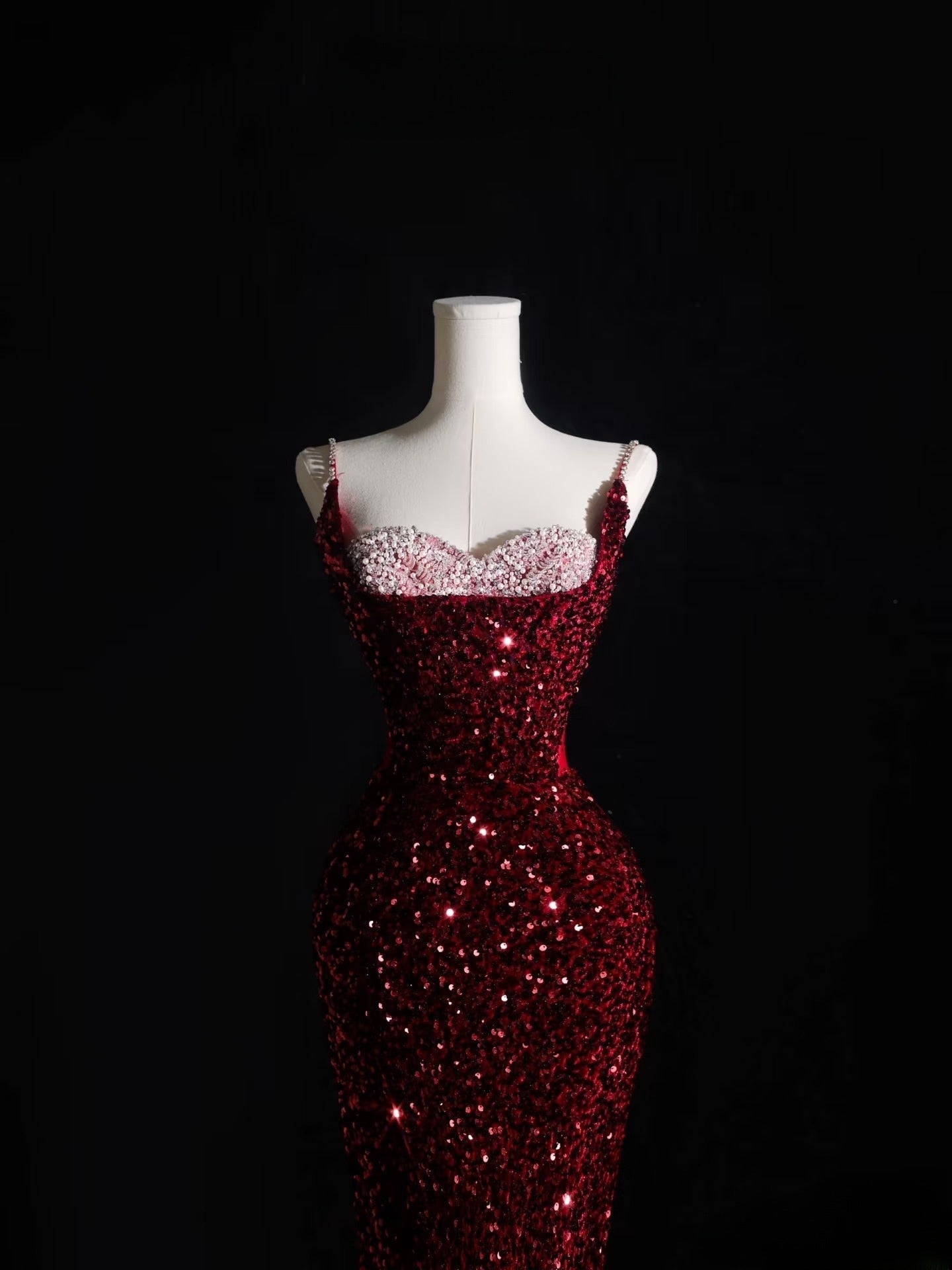 Pretty Mermaid Spaghetti Straps Sequin Beads Burgundy Long Classy Prom Dress Classy Evening Dress