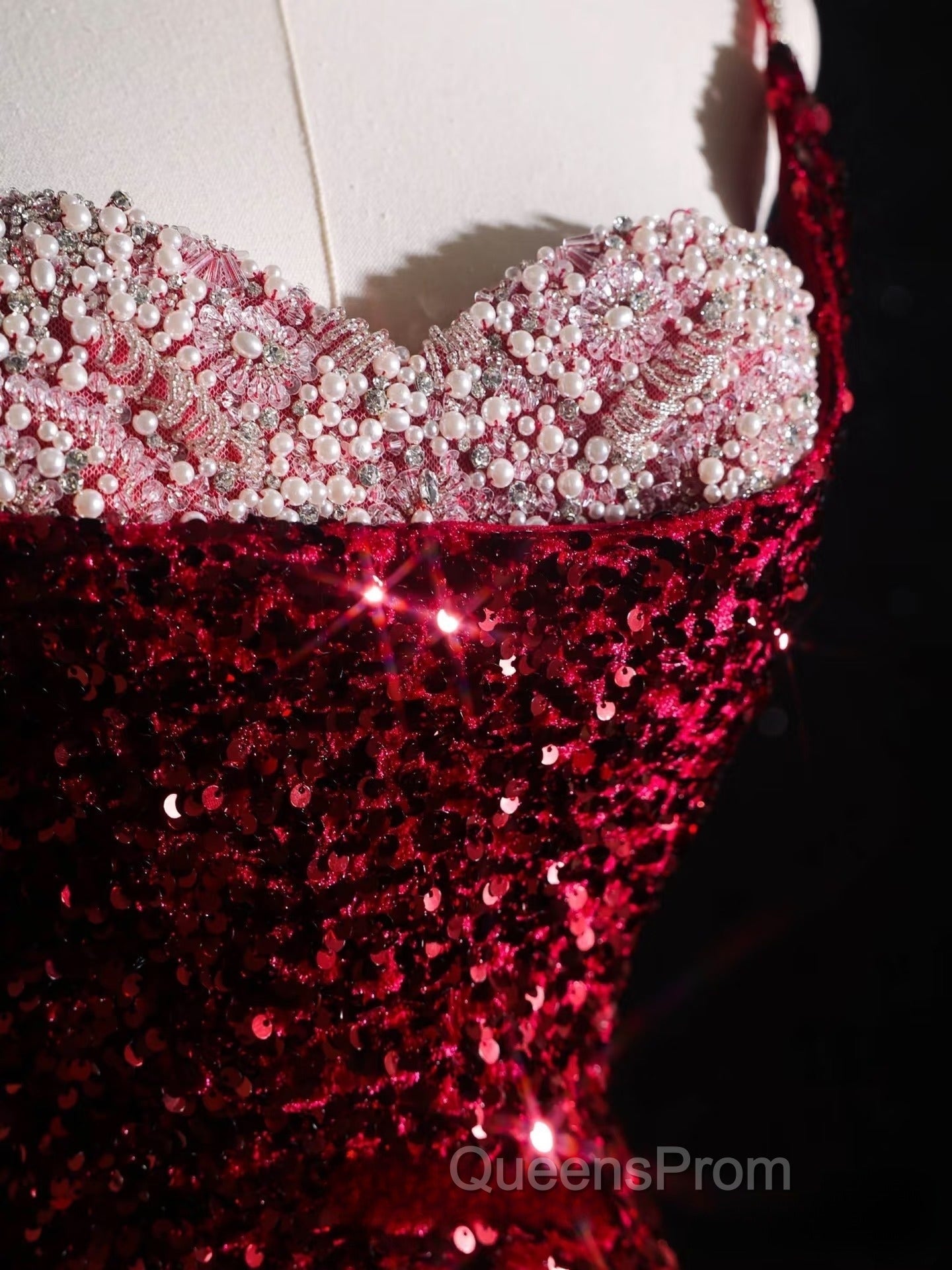 Pretty Mermaid Spaghetti Straps Sequin Beads Burgundy Long Evening Prom Dress Formal Evening Dress