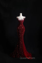 Pretty Mermaid Spaghetti Straps Sequin Beads Burgundy Long Evening Prom Dress Formal Evening Dress
