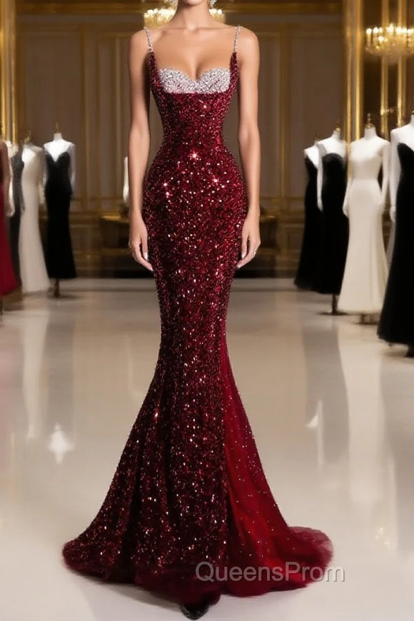 Pretty Mermaid Spaghetti Straps Sequin Beads Burgundy Long Evening Prom Dress Formal Evening Dress Main image