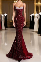 Pretty Mermaid Spaghetti Straps Sequin Beads Burgundy Long Evening Prom Dress Formal Evening Dress
