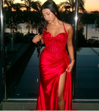 Pretty Mermaid Spaghetti Straps Slit Red Satin Classy Prom Dress Long Party Dress