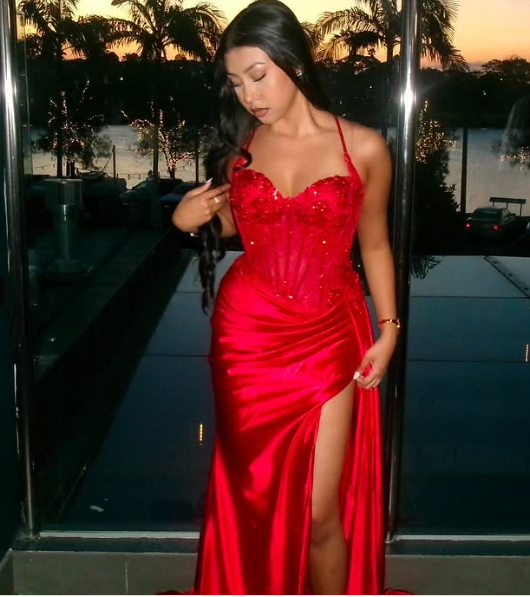 Pretty Mermaid Spaghetti Straps Slit Red Satin Classy Prom Dress Long Party Dress