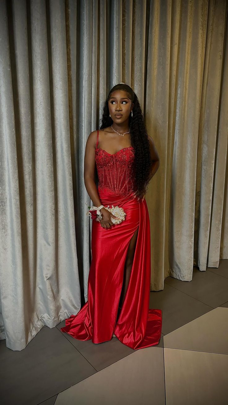 Pretty Mermaid Spaghetti Straps Slit Red Satin Classy Prom Dress Long Party Dress Main image