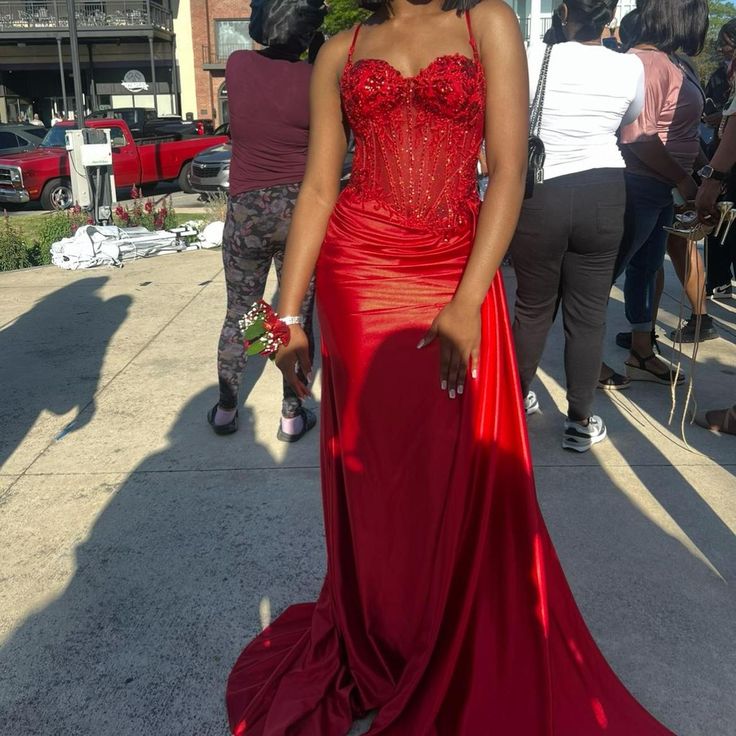 Pretty Mermaid Spaghetti Straps Slit Red Satin Classy Prom Dress Long Party Dress Secondary image