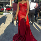 Pretty Mermaid Spaghetti Straps Slit Red Satin Classy Prom Dress Long Party Dress