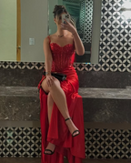Pretty Mermaid Spaghetti Straps Slit Red Satin Classy Prom Dress Long Party Dress