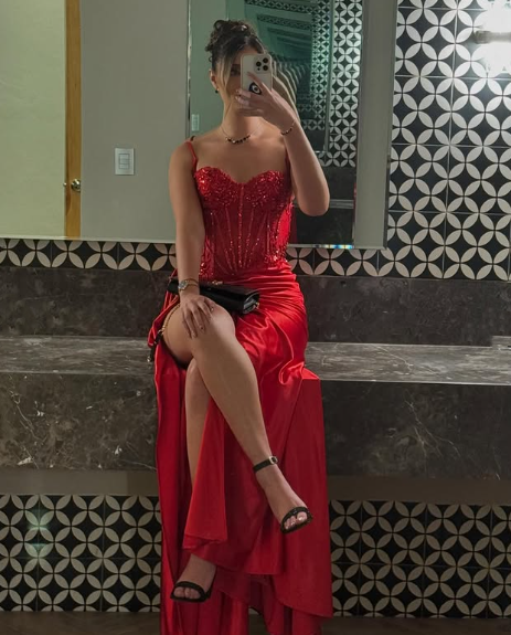 Pretty Mermaid Spaghetti Straps Slit Red Satin Classy Prom Dress Long Party Dress