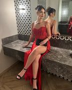 Pretty Mermaid Spaghetti Straps Slit Red Satin Classy Prom Dress Long Party Dress