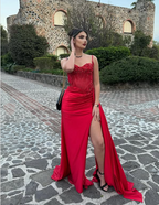 Pretty Mermaid Spaghetti Straps Slit Red Satin Classy Prom Dress Long Party Dress