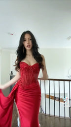 Pretty Mermaid Spaghetti Straps Slit Red Satin Classy Prom Dress Long Party Dress