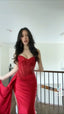 Pretty Mermaid Spaghetti Straps Slit Red Satin Classy Prom Dress Long Party Dress