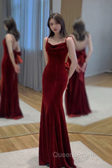 Pretty Mermaid Spaghetti Straps Wine Red Velvet Long Evening Dress Evening Prom Dress