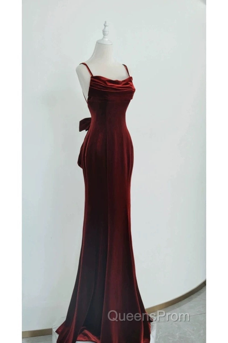 Pretty Mermaid Spaghetti Straps Wine Red Velvet Long Evening Dress Evening Prom Dress