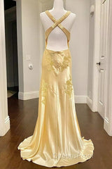 Pretty Mermaid Spaghetti Straps Yellow Backless Long Party Dress Evening Prom Dress