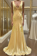 Pretty Mermaid Spaghetti Straps Yellow Backless Long Party Dress Evening Prom Dress