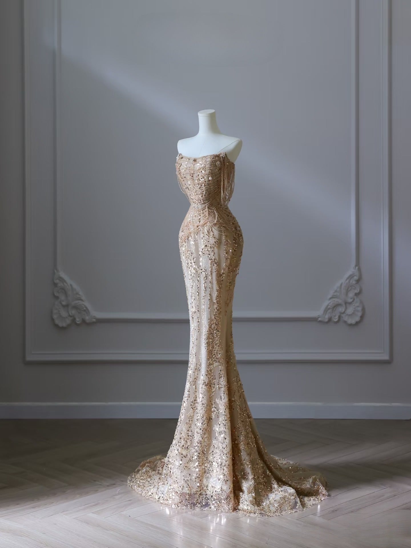 Pretty Mermaid Strapless Gold Sequin Beads Long Classy Prom Dress Classy Evening Dress