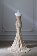 Pretty Mermaid Strapless Gold Sequin Beads Long Evening Prom Dress Formal Evening Dress