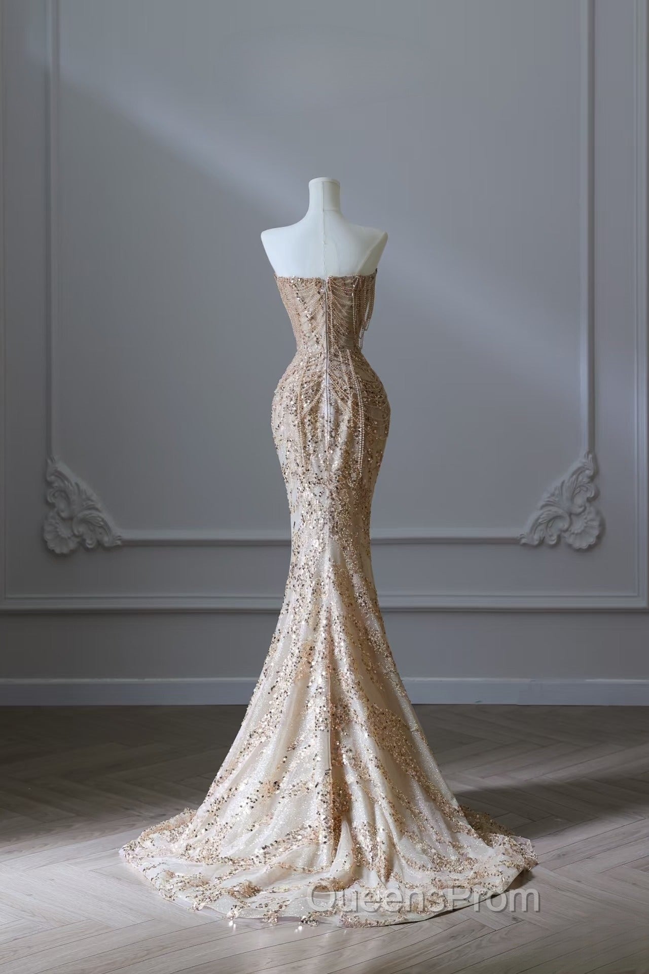 Pretty Mermaid Strapless Gold Sequin Beads Long Evening Prom Dress Formal Evening Dress