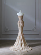 Pretty Mermaid Strapless Gold Sequin Beads Long Classy Prom Dress Classy Evening Dress