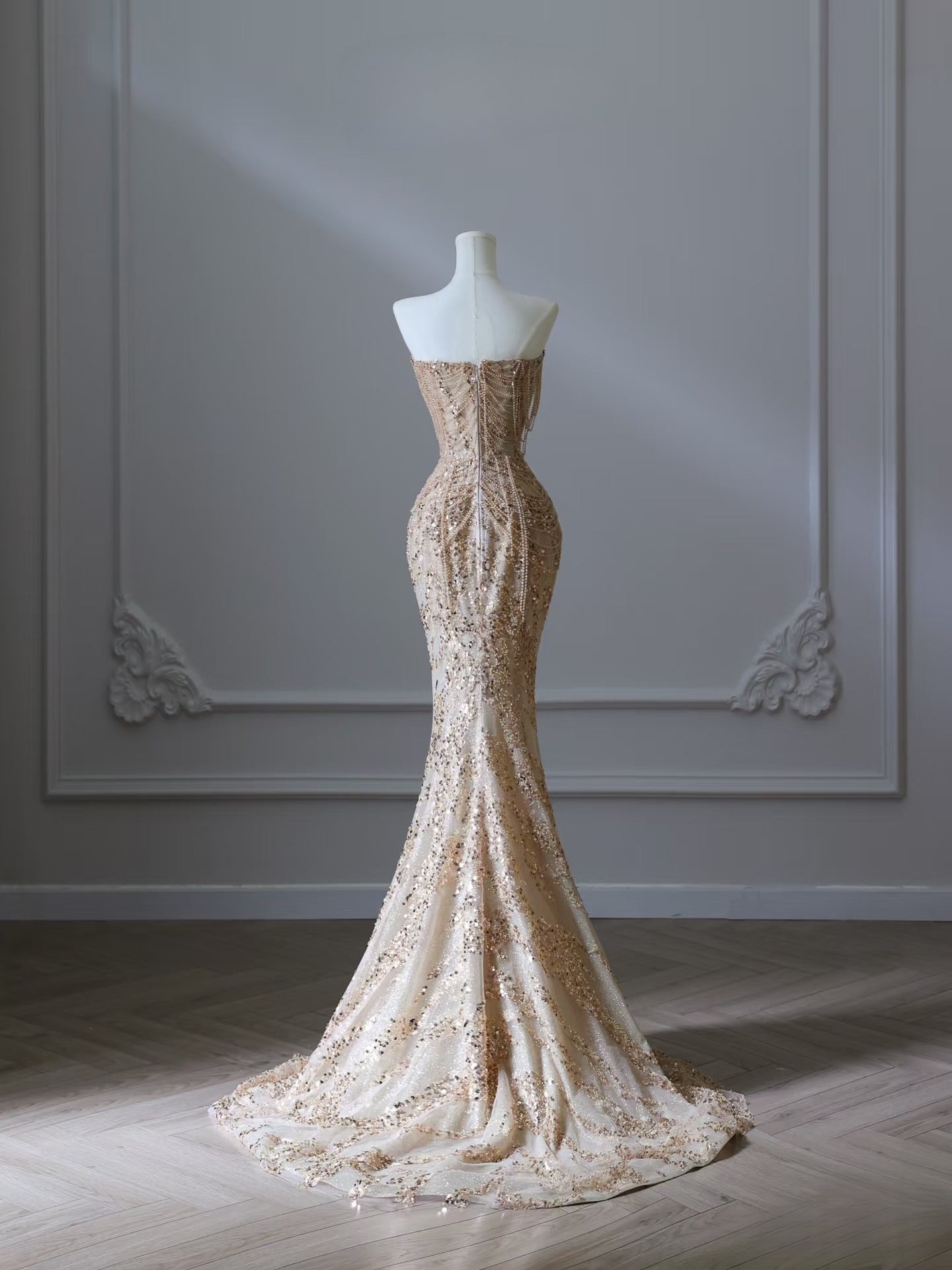 Pretty Mermaid Strapless Gold Sequin Beads Long Classy Prom Dress Classy Evening Dress