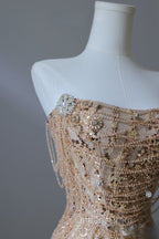 Pretty Mermaid Strapless Gold Sequin Beads Long Evening Prom Dress Formal Evening Dress