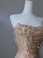 Pretty Mermaid Strapless Gold Sequin Beads Long Classy Prom Dress Classy Evening Dress