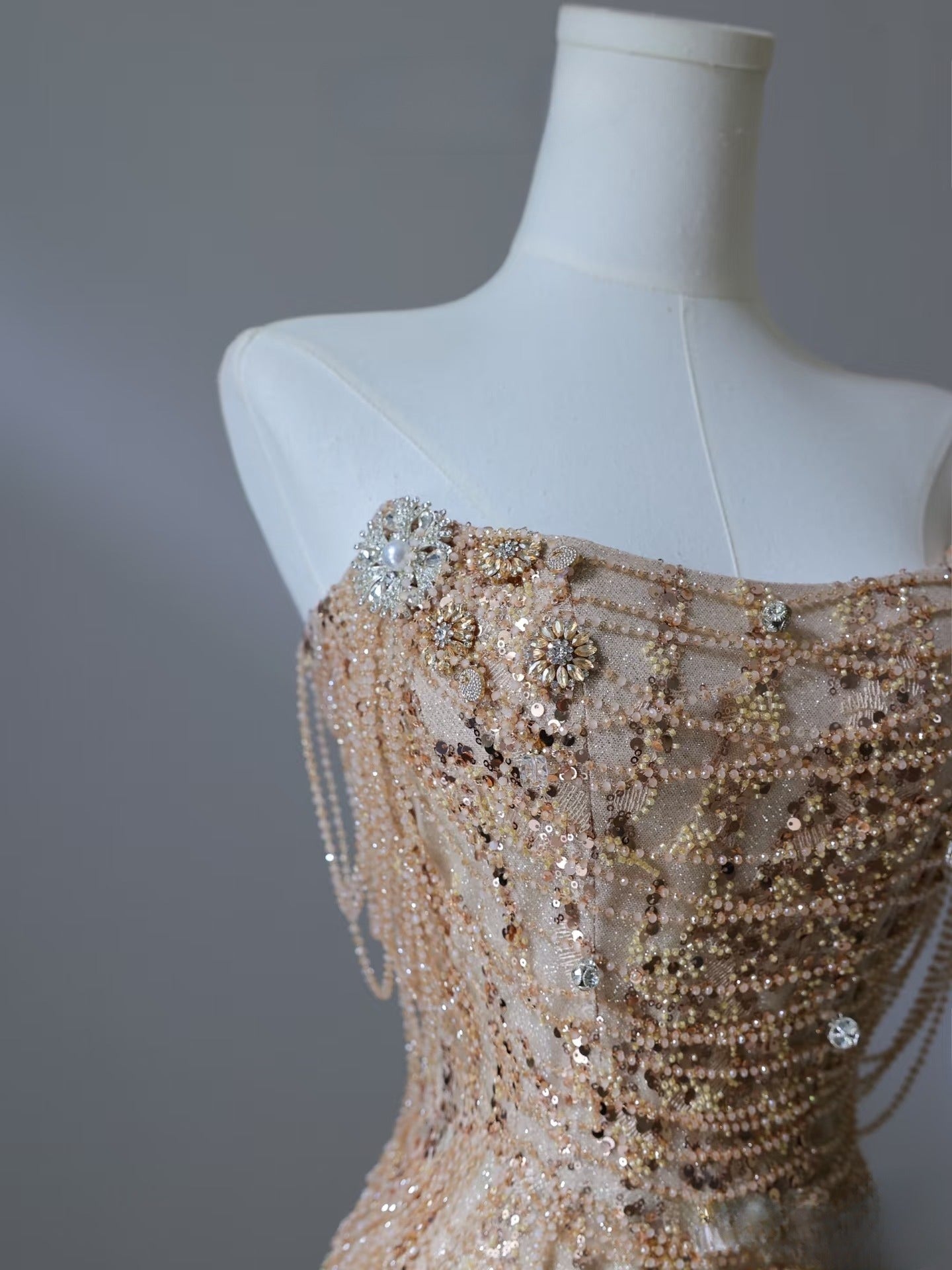 Pretty Mermaid Strapless Gold Sequin Beads Long Classy Prom Dress Classy Evening Dress