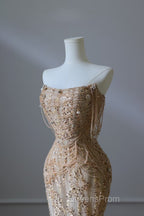 Pretty Mermaid Strapless Gold Sequin Beads Long Evening Prom Dress Formal Evening Dress