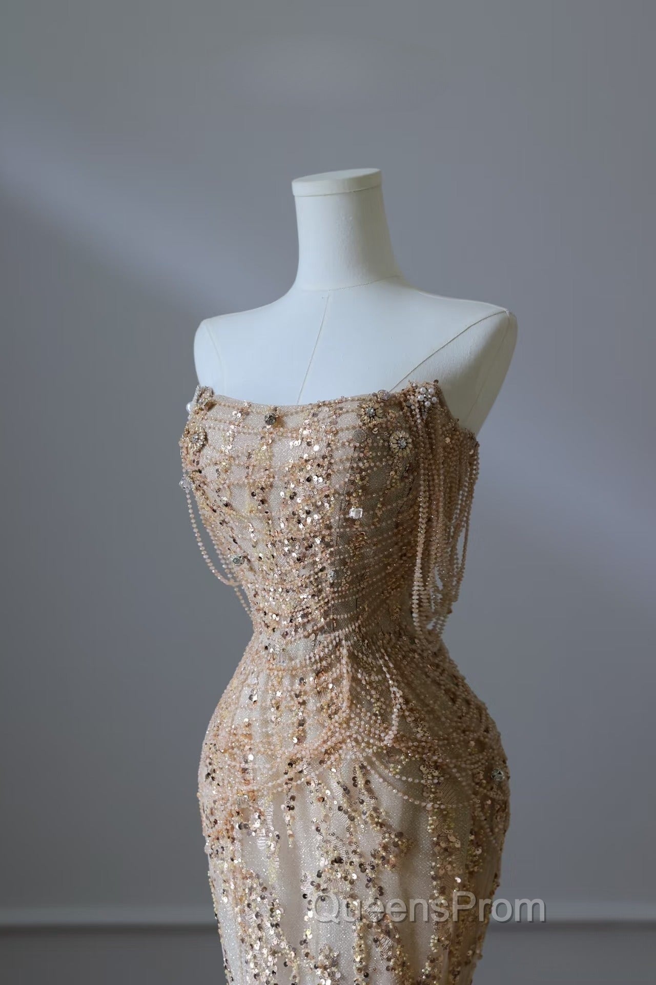 Pretty Mermaid Strapless Gold Sequin Beads Long Evening Prom Dress Formal Evening Dress